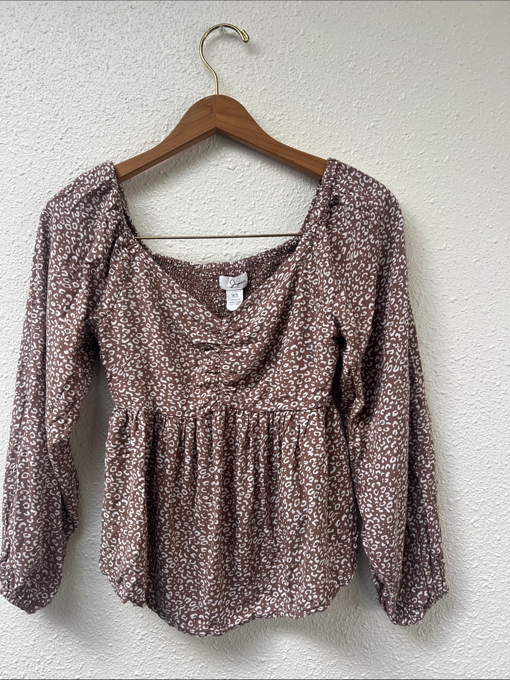 Japna Brown and White Printed Peplum Long-Sleeve Top